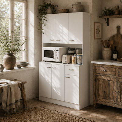 Wyld Haus Rasu 180Cm Cream White Freestanding Kitchen Pantry Cabinet With Drawer And Open Shelf from B&Q