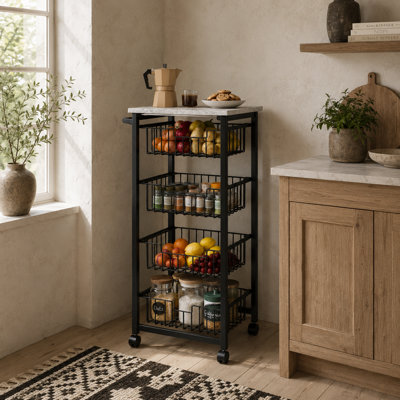 Wyld Haus Fimado 4-Basket Mobile Kitchen Trolley With Marble-Effect Top And Locking WheelsLight Grey And Black from B&Q