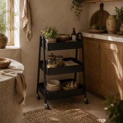 Wyld Haus Fidovi Metal Black 3-Tier Storage Trolley With Wheels And BrakesL42.4 X D29.8 X H74.5Cm from B&Q