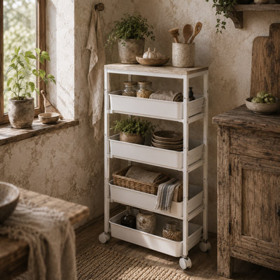 Wyld Haus Lubani Slim 5-Tier Metal Storage Trolley On WheelsWhite With Oak-Effect Top from B&Q