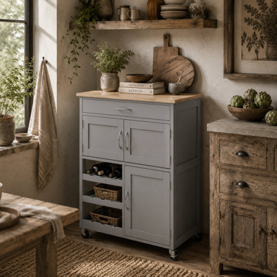 Wyld Haus Lehari Grey Wooden Rolling Kitchen Island Trolley With Drawer9-Bottle Wine Rack And Natural Rubberwood Top from B&Q