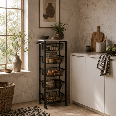Wyld Haus Sucora 5-Basket Mobile Kitchen Trolley Light Grey And Black With Marble-Effect Top And Locking Wheels from B&Q