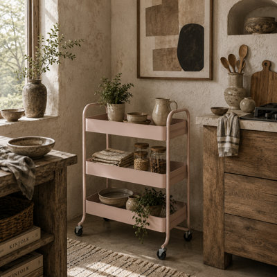 Wyld Haus Noluli Doha 3-Tier Light Pink Metal Rolling Utility Trolley With Mesh BasketsL64.5 X D34 X H87Cm from B&Q