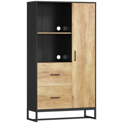 Wyld Haus Kamilo 160Cm Tall Kitchen Pantry Cabinet With Drawers And Adjustable ShelvesBlack FrameNatural Wood-Effect Doors from B&Q