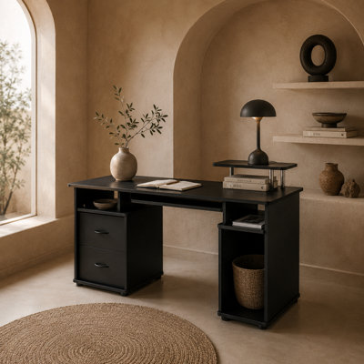 Wyld Haus Domofi 120Cm Black Computer Desk With Keyboard TrayShelves And Drawers from B&Q