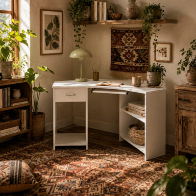 B&Q -  Bavise White L-Shaped Corner Desk With Keyboard TrayDrawer And Cpu Stand 120 X 70 X 75 Cm
