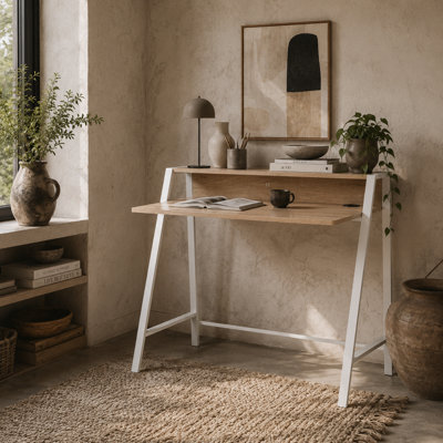 Wyld Haus Dodosu 84Cm White And Oak Compact Writing Desk With Raised Shelf from B&Q