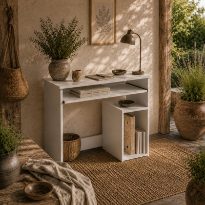 Wyld Haus Rolu 80 X 45Cm White Compact Corner Desk With Keyboard Tray And Storage Shelves from B&Q