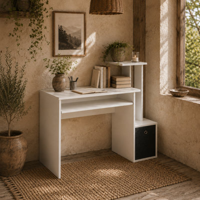 Wyld Haus Tono 100Cm White Home Office Desk With Sliding Keyboard TrayDrawer And Shelving from B&Q