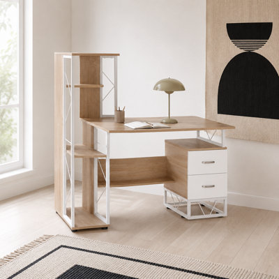 Wyld Haus Lasomo 133Cm Oak-Effect Desk With Reversible 4-Tier Shelving And Steel Frame from B&Q