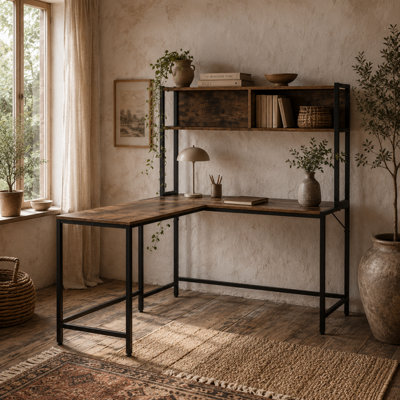 Wyld Haus Monoba 120Cm Reversible L-Shaped Desk With 4-Tier BookshelfIndustrial Brown And Black from B&Q