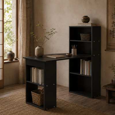 Wyld Haus Elni 120Cm Black Study Desk With Built-In 6-Tier Bookshelf Storage from B&Q