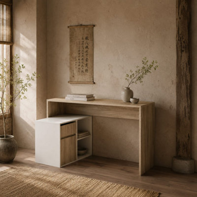 B&Q -  Kavi 120Cm Oak-Effect And White L-Shaped Desk With DrawerShelving And Storage Cabinet