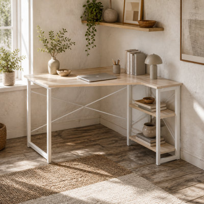 Wyld Haus Haba 120Cm Folding L-Shaped Desk With 2-Tier Storage ShelvesOak Tone And White Metal from B&Q
