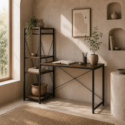 Wyld Haus Ledo 120Cm Rustic Brown And Black Reversible Industrial Desk With Side Shelving from B&Q