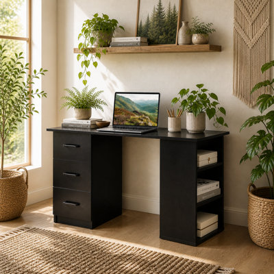 Wyld Haus Fasasa 120Cm Black Home Office Desk With 3 Shelves And 3 Drawers from B&Q