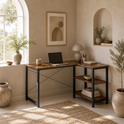Wyld Haus Morofi 120Cm Rustic Brown L-Shaped Desk With Integrated BookshelfCompact Corner Workstation from B&Q