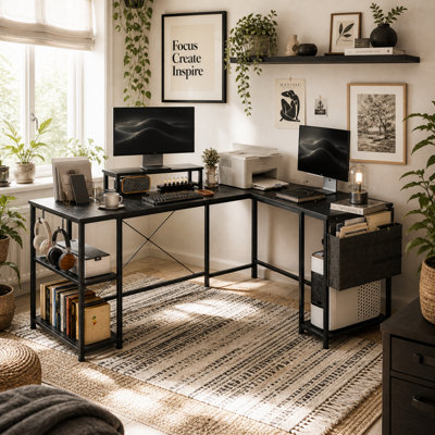 Wyld Haus Kadoso 168Cm Black Reversible Industrial L-Shaped Desk With Adjustable Shelves And Monitor Stand from B&Q