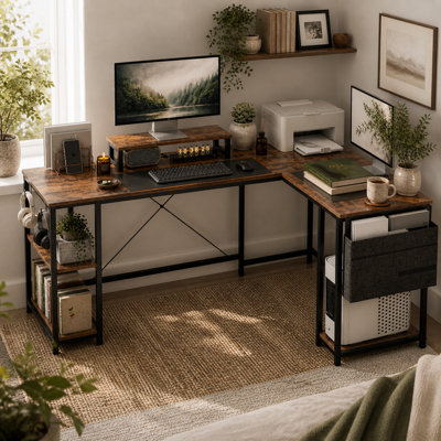 Wyld Haus Lesano 168Cm Rustic Brown Reversible Industrial L-Shaped Desk With Adjustable Shelves And Monitor Stand from B&Q