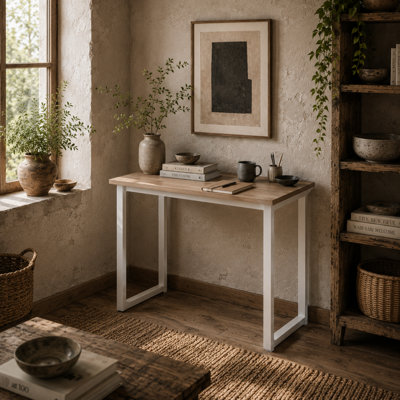Wyld Haus Raha 100Cm White Metal Frame Writing Desk With Oak Accents100 X 60Cm from B&Q