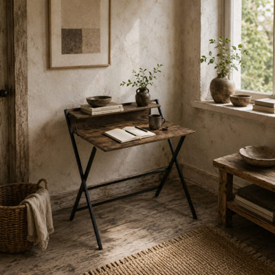 B&Q - Veeldi 81.5 X 62Cm Rustic Brown Folding Desk With Raised Monitor Shelf86.5Cm HeightWyld Haus