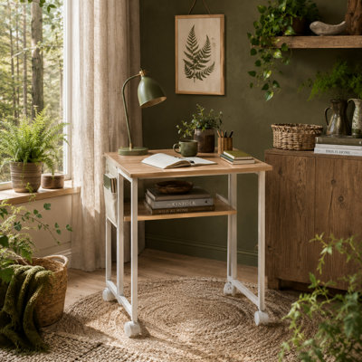 Wyld Haus Noni 63Cm Drop Leaf Writing Desk Natural Wood Finish With White Accents Expandable Desktop from B&Q
