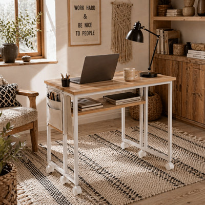Wyld Haus Zika 80Cm Drop Leaf Writing Desk With Lockable WheelsNatural Wood Finish And White Accents from B&Q
