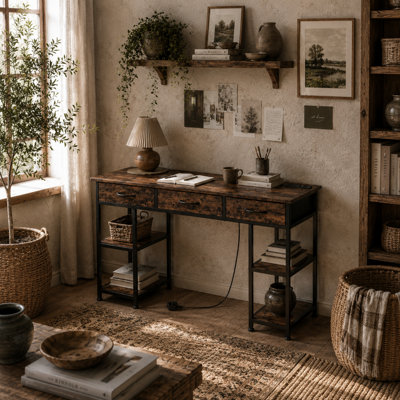 Wyld Haus Hariva 120Cm Rustic Brown Home Office Desk With Power Sockets3 Fabric Drawers And 4 Shelves from B&Q