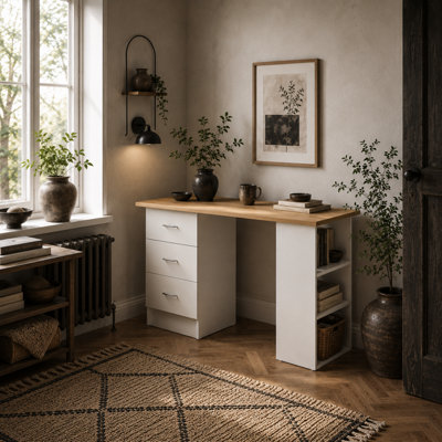 Wyld Haus Vasave 120Cm Natural Wood And White Study Desk With 3 Drawers And 3 Shelves from B&Q