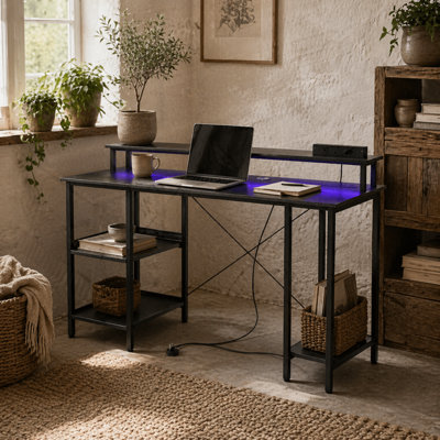 Wyld Haus Sona 120Cm Dark Grey Gaming Desk With Built-In Power Outlets And Storage Shelves from B&Q