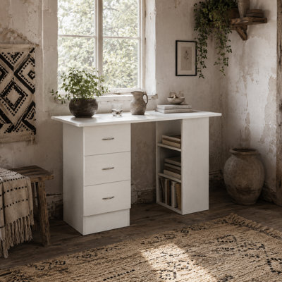 Wyld Haus Kamore 120Cm White Study Desk With 3 Drawers And 3 Side Shelves from B&Q