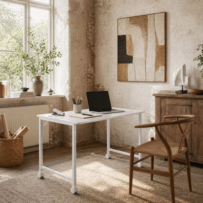 Wyld Haus Veso 80Cm White Wood-Effect Folding Desk With Lockable Wheels And Tablet Slot from B&Q