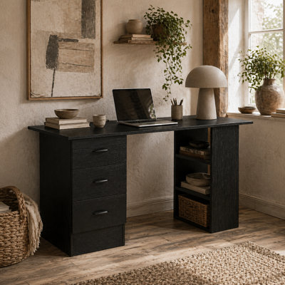 Wyld Haus Malilu 120Cm Black Home Office Desk With 3 Shelves And 3 Drawers from B&Q