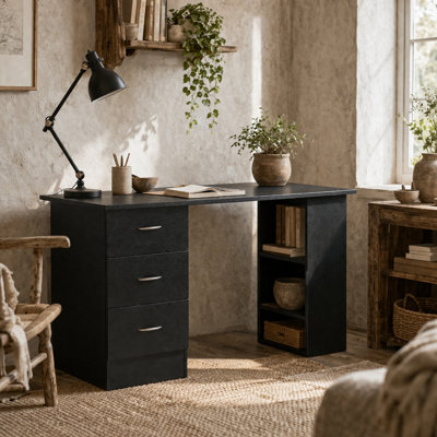 Wyld Haus Tonosa 120Cm Black Study Desk With 3 Shelves And 3 Drawers from B&Q