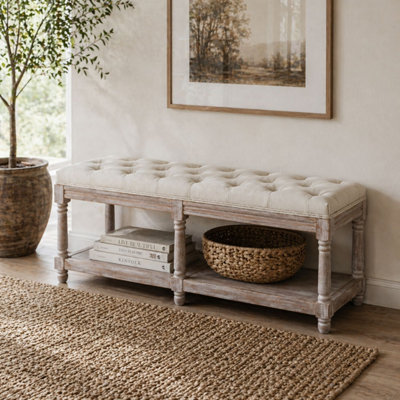B&Q -  Lono Cream 2-Tier Vintage Style Bed-End Bench With Tufted Diamond Lid And Storage Shelf115 X 40 X 48 Cm