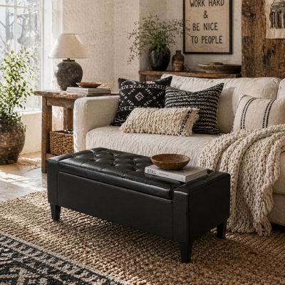 Wyld Haus Sabata Faux Leather Black Storage Ottoman Bench With Lift-Up Diamond Tufted Lid92Cm from B&Q