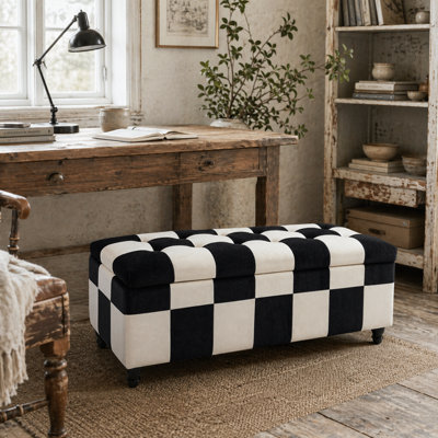 Wyld Haus Tava Velvet-Feel Black And White Storage Bench With Wooden LegsL114 X D47 X H47Cm from B&Q