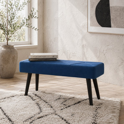 Wyld Haus Mazuka Blue Velvet-Feel End-Of-Bed Bench With X-Stitching And Black Metal Legs1000 X 360 X 450mm from B&Q