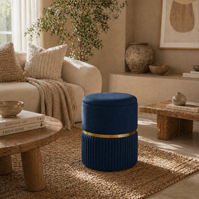 Wyld Haus Pazima Dark Blue Velvet-Feel Storage Ottoman With Gold AccentRound 36 X 44 Cm from B&Q