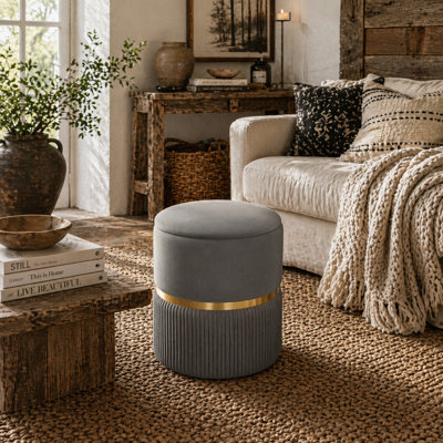 Wyld Haus Vami Velvet Grey Storage Ottoman With Gold AccentPadded Round Footstool With Hidden Storage (36 X 36 X 44 Cm) from B&Q