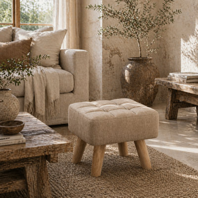 Wyld Haus Luluva Linen-Look Light Brown Square Padded Footstool With Diamond Tufting And Wooden Legs from B&Q