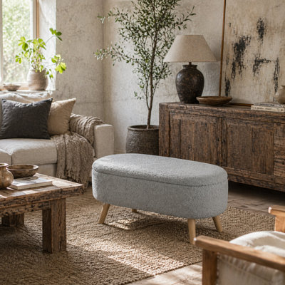 Wyld Haus Mael Charcoal Teddy Fleece Storage OttomanRectangular With Natural Wooden Legs from B&Q
