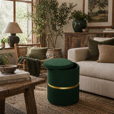 Wyld Haus Rapa Etched Velvet Dark Green Storage Ottoman With Gold DetailRound 36 X 44 Cm from B&Q