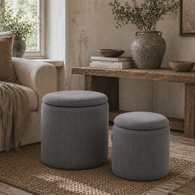 Wyld Haus Seleco Set Of 2 Light Grey Corduroy Round Storage OttomansNestingRemovable Lids from B&Q