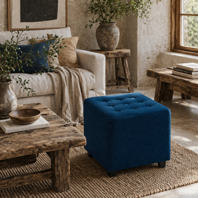 Wyld Haus Dimano Blue Velvet-Feel Square Ottoman 35 X 35 X 35 Cm Diamond Tufted from B&Q