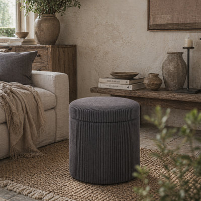 Wyld Haus Yoluha Round Grey Corduroy Storage Footstool With Removable Lid40Cm from B&Q