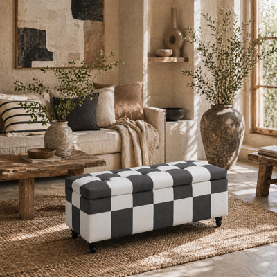 Wyld Haus Susula Velvet Dark Grey And White Check Storage Bench With Wooden LegsL114 X D47 X H47Cm from B&Q