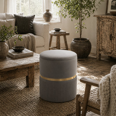 Wyld Haus Rivera Velvet Light Grey Ribbed Storage Ottoman With Gold Accent36 X 36 X 44 Cm from B&Q