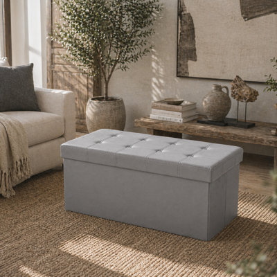 Wyld Haus Nevi 89L Grey Faux Leather Folding Storage Ottoman BenchButton Tufted Cushioned Top from B&Q
