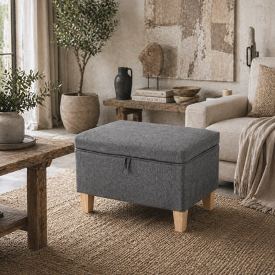 Wyld Haus Doma Charcoal Grey Linen-Look Compact Storage Footstool With Natural Wooden Legs from B&Q